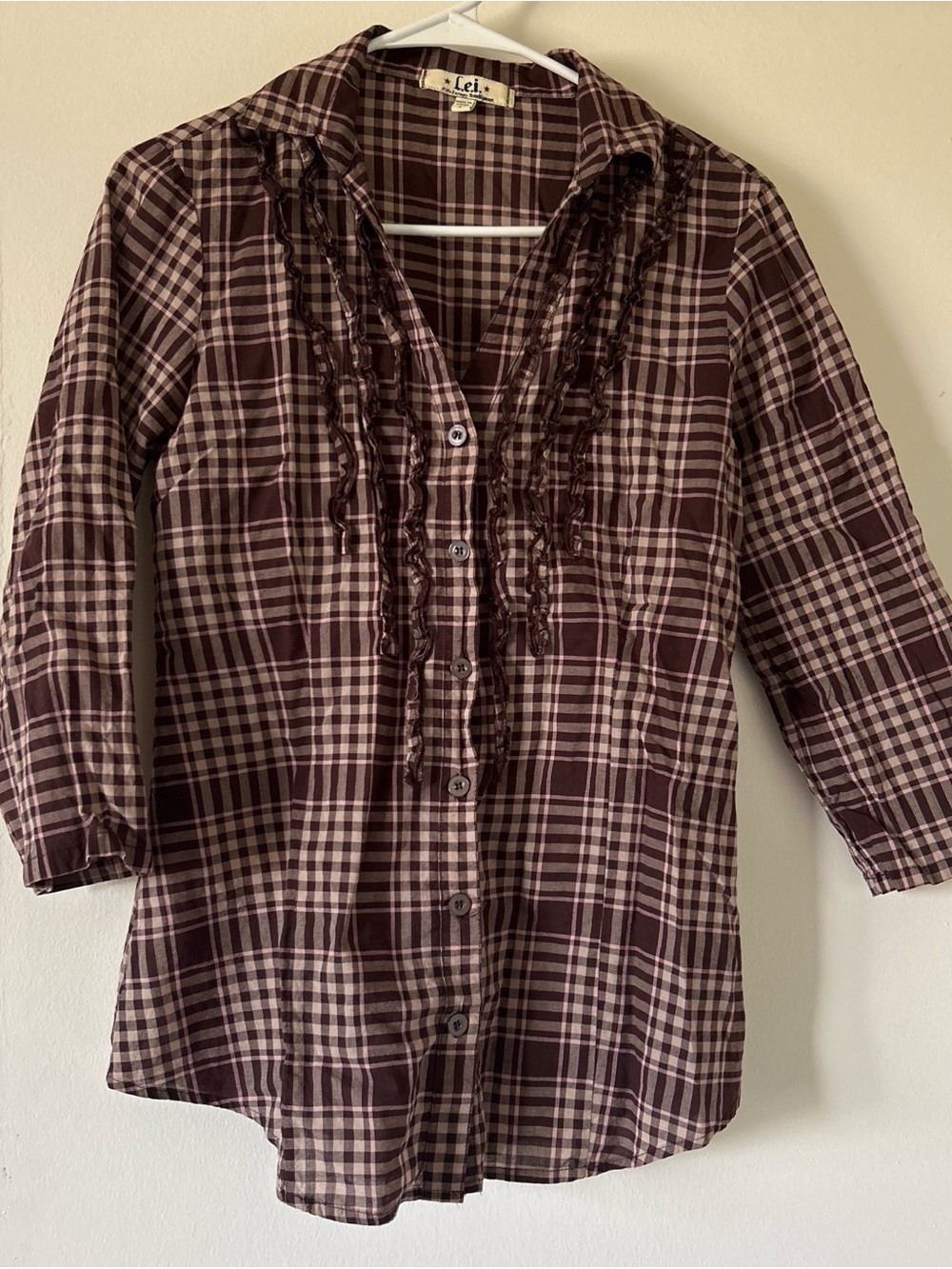 lei Plaid Button-Front Shirt in Brown and Cream with Pink Accents